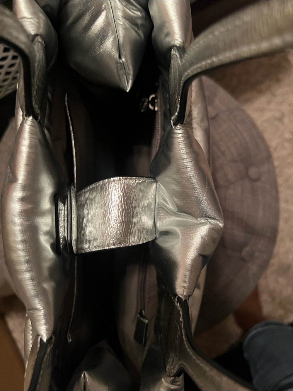 Tory Burch Silver Quilted Puffer Tote with Logo - Picture 2 of 11